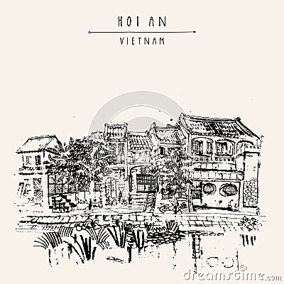 Hoi An Hoian, Vietnam, Southeast Asia. UNESCO World Heritage Site. Old houses on the river, reflection in water. Vintage drawing Vector Illustration