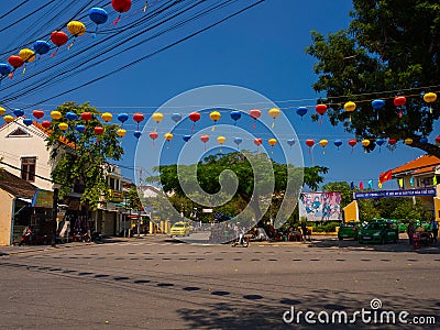 HOIAN, VIETNAM, SEPTEMBER, 04 2017: Street view with old houses, and colorful lanters made of paper, in Hoi An ancient Editorial Stock Photo