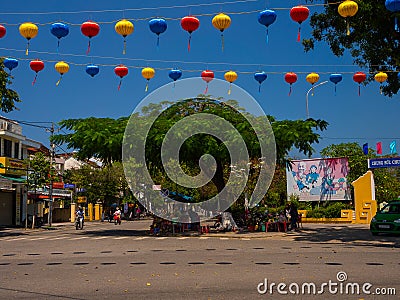 HOIAN, VIETNAM, SEPTEMBER, 04 2017: Street view with old houses, and colorful lanters made of paper, in Hoi An ancient Editorial Stock Photo