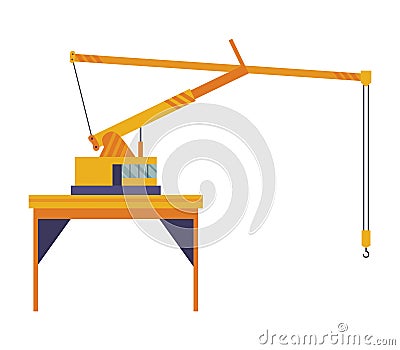 Hoisting crane icon. Construction crane. Equipment in flat style. Yellow industrial heavy machine. Lifter doing heavy Vector Illustration