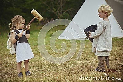 Hojbjerg, Denmark, August, 2022: Children playing at viking festival Editorial Stock Photo
