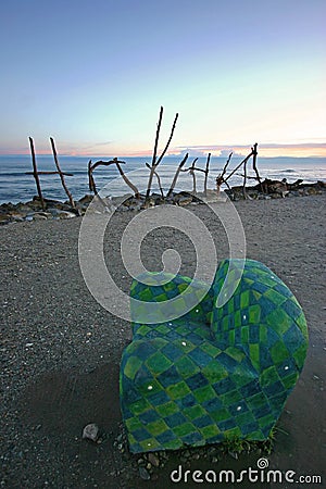 Hokitika sign and armchair, South Island, New Zealand Stock Photo