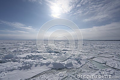 Drift ice in the offing of the Abashiri port, Hokkaido, Japan Stock Photo