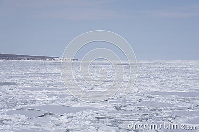 Haliaeetus albicilla flying over Drift ice in the offing of the Abashiri port, Hokkaido, Japan Stock Photo