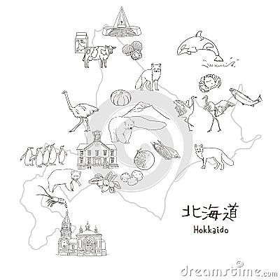 Hokkaido, Northern island of Japan - travel map black and white sketch illustration Cartoon Illustration