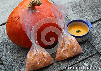 Hokkaido pumpkin and pumpkin soup Stock Photo