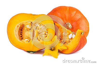 Hokkaido pumpkins whole halved and quarter slice on white background Stock Photo