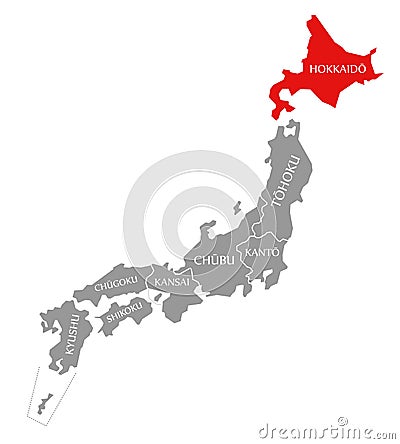 Hokkaido red highlighted in map of Japan Cartoon Illustration