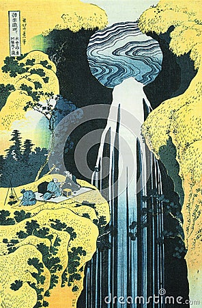 Hokusai amida waterfall spiritual hermetic illustration, Stock Photo