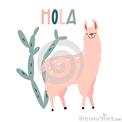 Hola. Cute hand drawn smiling lama and cactus Vector Illustration