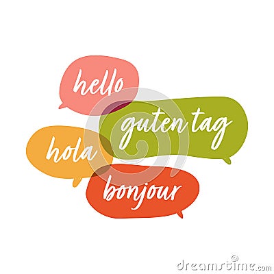 Hola, guten tag, bonjour, hello. Social network or bilingual translation concept. Vector Illustration