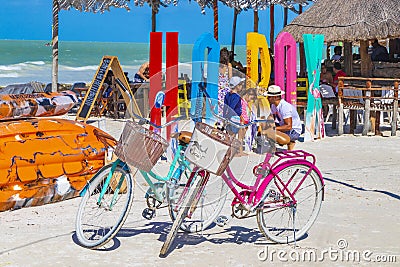 Holbox island beach colorful welcome letters and sign in Mexico Editorial Stock Photo
