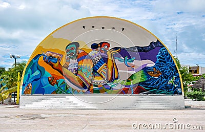 HOLBOX, MEXICO - MAY 25, 2018: Colorful painted theater in main square of downtown Holbox Editorial Stock Photo