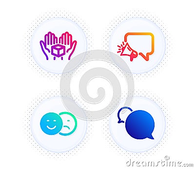 Hold box, Megaphone and Like icons set. Messenger sign. Delivery parcel, Brand message, Social media dislike. Vector Vector Illustration