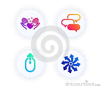 Hold heart, Talk bubble and Swipe up icons set. Versatile sign. Friendship, Chat message, Scrolling page. Vector Vector Illustration