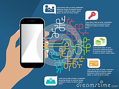 Hold Smart Phone and abstract arrow link connect to explanation vector design Vector Illustration