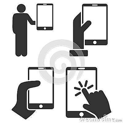 Hold Smartphone With Hand Vector Flat Icon Set Vector Illustration