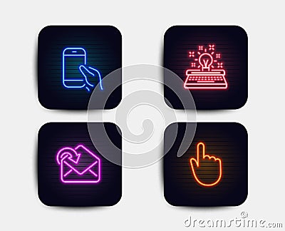 Hold smartphone, Receive mail and Typewriter icons. Hand click sign. Phone call, Incoming message, Inspiration. Vector Vector Illustration