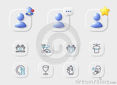 Hold t-shirt, Clean hands and Dont touch line icons. For web app, printing. Vector Vector Illustration