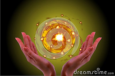 Holding the Crystal ball glow in my hand with black background. Stock Photo
