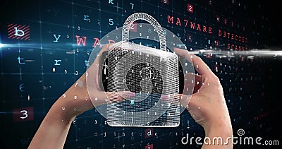 Holding digital lock with binary code, hands emphasizing cybersecurity concept Stock Photo