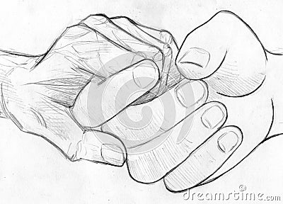 Holding elderly hand - pencil sketch Stock Photo