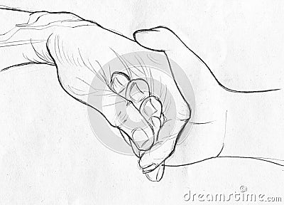 Holding elderly hand - pencil sketch Stock Photo