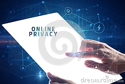 Holding futuristic tablet, security concept Stock Photo