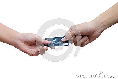 Holding and giving credit card over white background Stock Photo