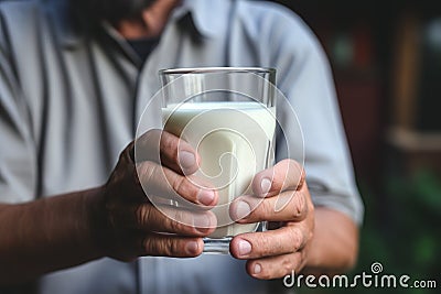 Holding a glass of milk, man advocates daily intake for calcium Stock Photo