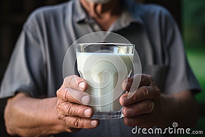 Holding a glass of milk, man advocates daily intake for calcium Stock Photo