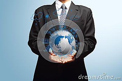 Holding globe ecology concept creative drawing on global Stock Photo