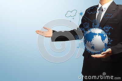 Holding globe ecology concept creative drawing on global Stock Photo