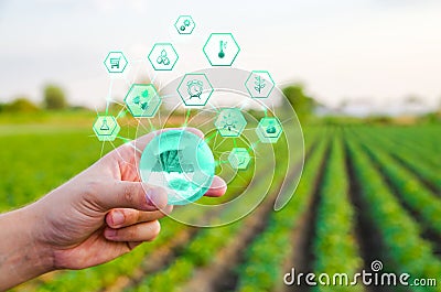 Holding a globe with innovations on farm field background. Use of innovative technologies in agriculture. Internet of Things Stock Photo