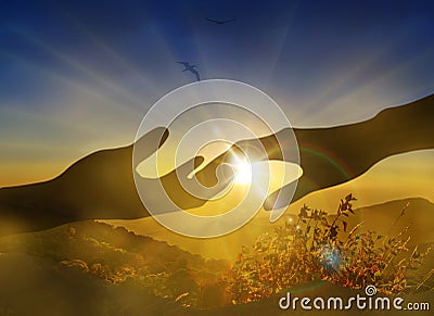 Holding hands against bright sun light rays, nature landscape Stock Photo