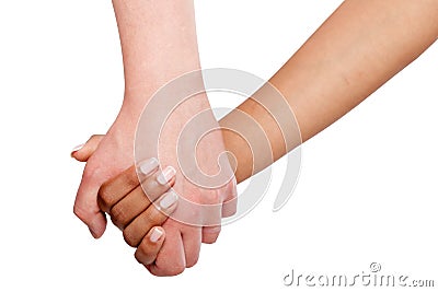 Holding hands couple of a mixed race on white background. Stock Photo