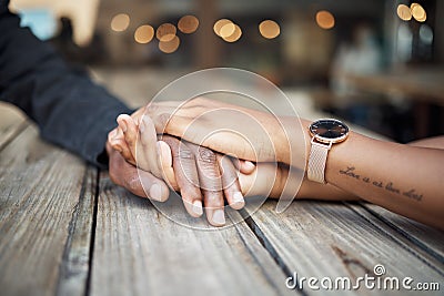 Holding hands, couple zoom and restaurant date of black people together with trust and support. Hope, empathy and love Stock Photo