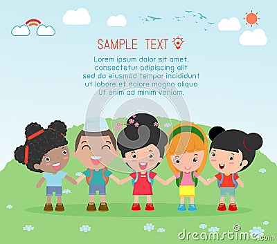 Holding hands, kids holding hands on background, Multi-ethnic children holding hands, Many happy children holding hands , Vector I Vector Illustration