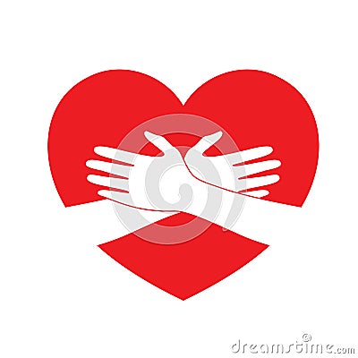 Holding hands on red heart. Vector Illustration