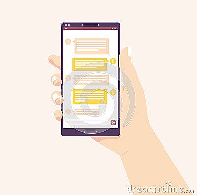 Holding mobile phone . Vector illustration. Social media network. receive messages. Chating and messaging concept. female hand Cartoon Illustration