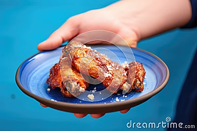 holding a saucy chicken wing over a blue plate Stock Photo