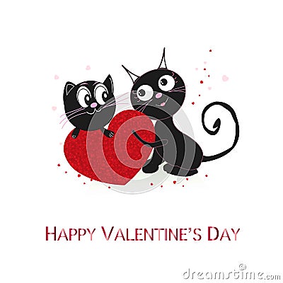 Holding shining red heart with loving couple cats. Happy Valentine`s day greeting card Vector Illustration