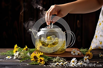 holding a steaming teapot of freshly made chamomile tea Stock Photo