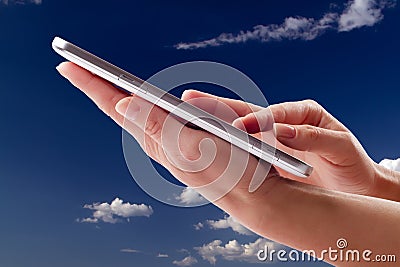 Holding touch screen tablet Stock Photo