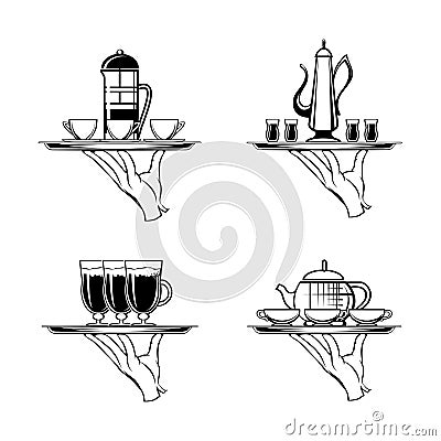 Holding Tray with Coffee or Tea and Cups Vector Illustration