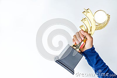 holding the trophy on white background Stock Photo