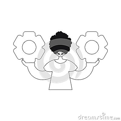 He holds gears in his hands. linearstyle vector illustration. Vector Illustration
