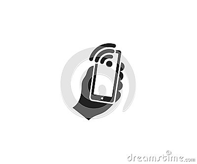 Holds a smartphone and a sign wi-fi logo template. Mobile phone search and connection of a wifi vector design Vector Illustration