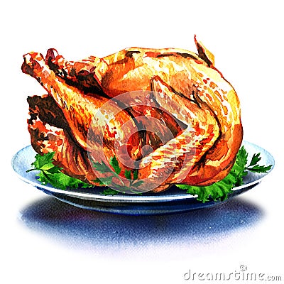 Hole christmas dinner turkey with salad Stock Photo