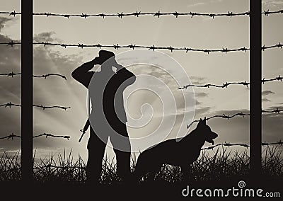 Hole in fence on border and border guards with dog Stock Photo